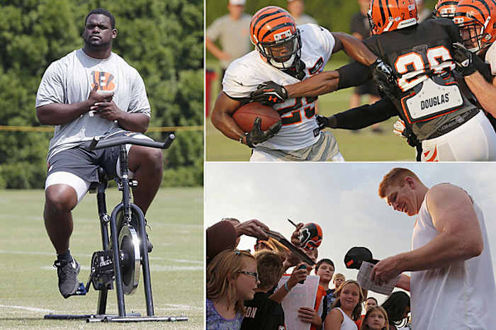 Clockwise from left: Geno Atkins keeping his knee warm on a bike, running back Giovani Bernard trying to break a tackle, and Andy Dalton signing autographs. (Al Behrman/AP :: 3)